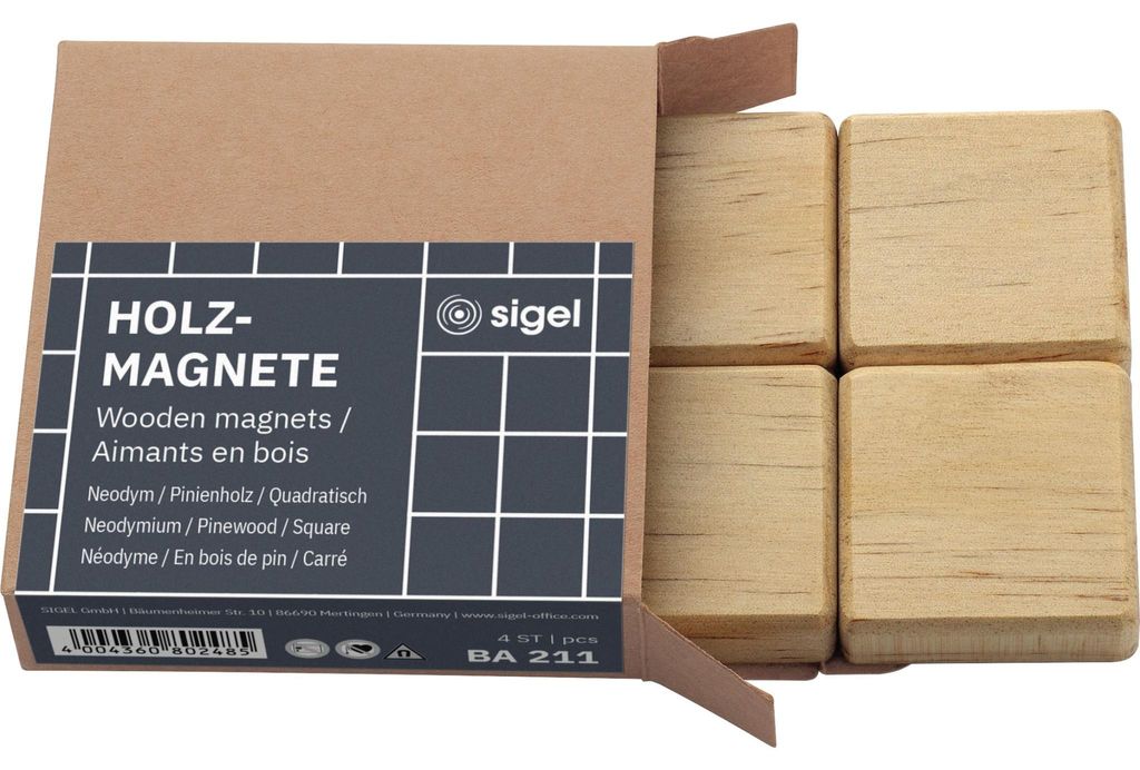SIGEL BA211 Holz-Magnete - quadratisch - bis zu 14 Bl. (A4, 80g/m²) - 3,3 x 3,3 cm - beige - 4 Stück