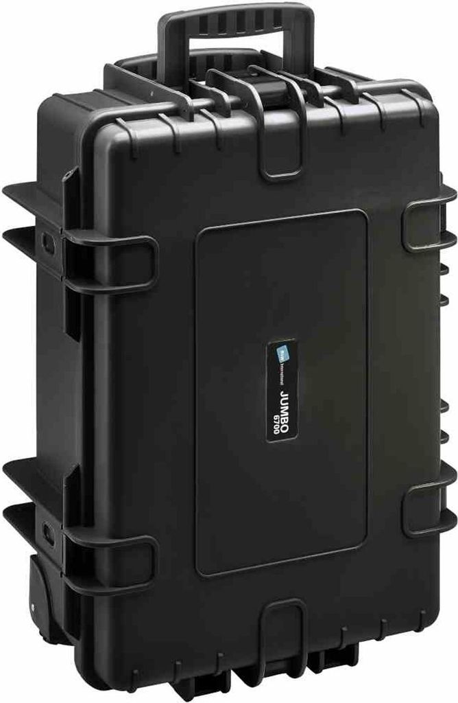 A black tool case with a handle and wheels, shown from the front.