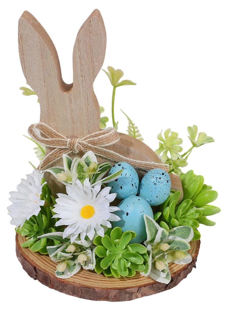 Osterhasen-Dekoration aus Holz, rustikaler Landhausstil, künstliche Blume, buntes Ei, Hasen-Tischschild, Schreibtischdekoration