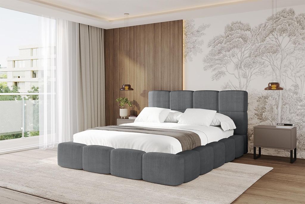 ALTDECOR Polsterbett mit Bettkasten - NATA 140x200 Dunkelgrau, Bett mit Kopfteil, Boxbett mit Matratze H3/H4, Doppelbett mit Stauraum