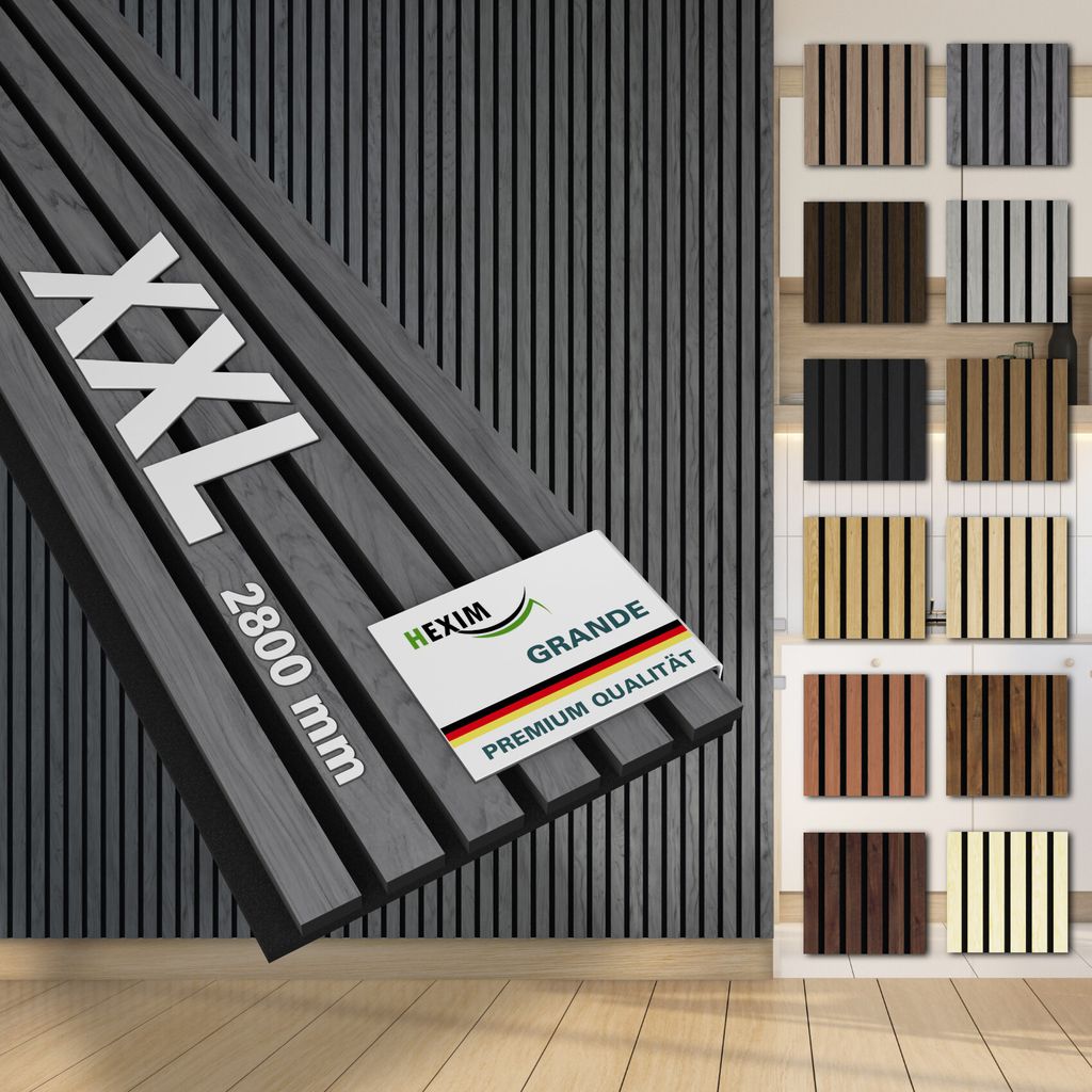 HEXIM Akustikpaneele 2 Stück 280x30cm Holz Grande - XXL Wandpaneele Platten Lamellen Holzpaneele Echtholzfurnier 21mm Filz Schalldämmung MDF Grau...