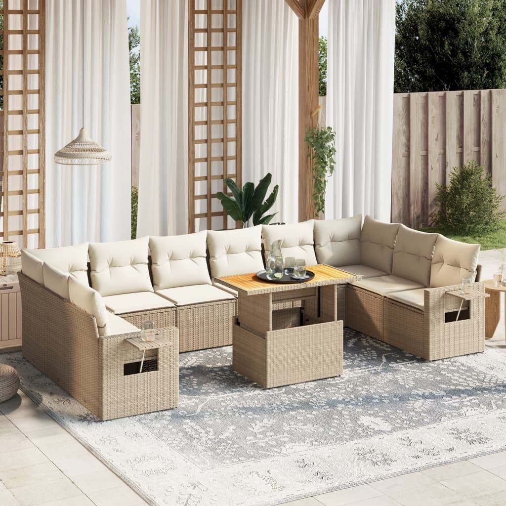 Design 11-tlg. Garten-Sofagarnitur mit Kissen Beige Poly Rattan, Gartenmöbel-Sets 2024 Neu