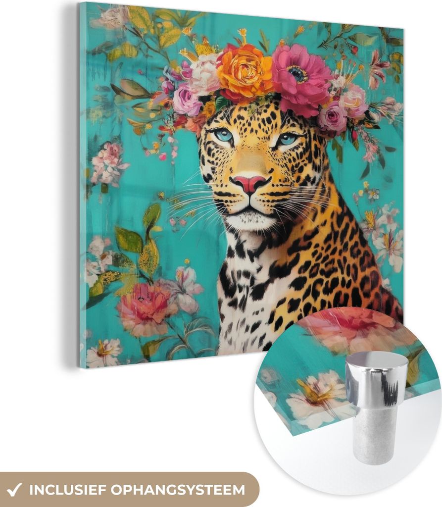 MuchoWow Glasbilder - Bilder auf Wandbild - Foto auf Glas Leopard - Blumen - Krone 40x40 cm Wanddekoration aus Glas - Acrylglasbild - Acrylbilder