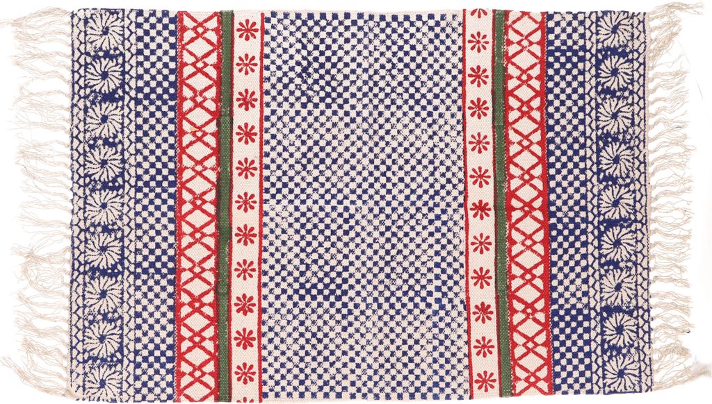 Handgewebter Blockdruck Teppich 95*65 cm, Traditionelles Design, Indischer Baumwollteppich, Bad Läufer - Blau/rot, Baumwolle, Teppiche, Bodenmatten