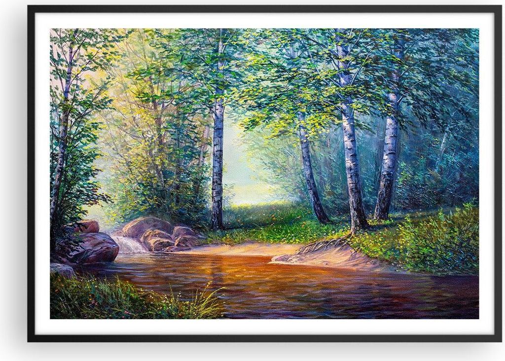 Gerahmtes Poster - Schwarzer Rahmen - Wiese Wasser Baum - 100x70 cm - Wand Bild - Wanddeko - Wandbilder - Kunstposter - Wandposter - Bilderrahmen -...