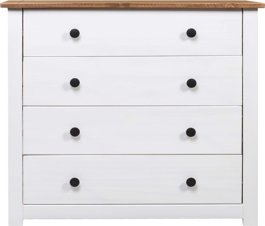 A front view of a white dresser with a wooden top and black knobs.
