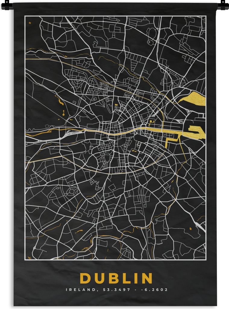 MuchoWow Wandteppich Wandbehang Dublin - Gold - Stadtplan - Karte 90x135 cm Tapisserie Dekoration Wandtuch - Baumwolle - Wandskulptur