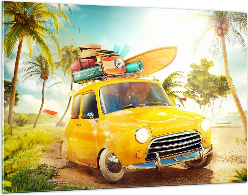 Bilder auf glas - Auto Strand Reise Sommer - 120x80cm - Glasbilder - Wandbilder - Kunstdruck - zum Aufhängen bereit - Wanddekoration aus Glas - Gl...