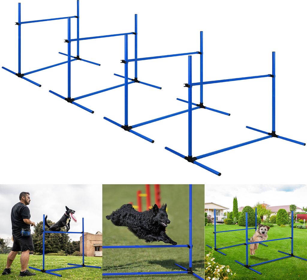UISEBRT Hunde Agility Hürdenset Agility-Ausrüstung für Hunde 4 x Hürden Slalom Stangen 104x70x101cm Verstellbare Höhe mit Tasche, Blau