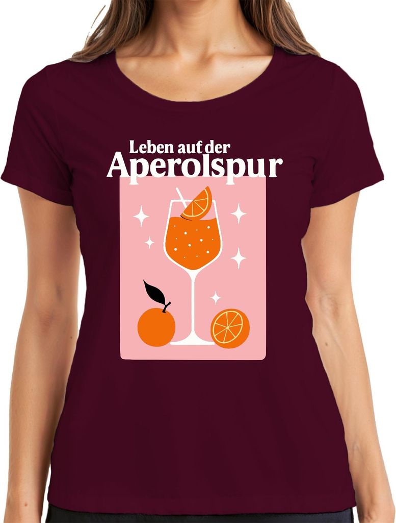 Leben auf der Aperolspur Aperol Spritz Sommer Orangen Party Bar Damen T-Shirt, Burgundy, L