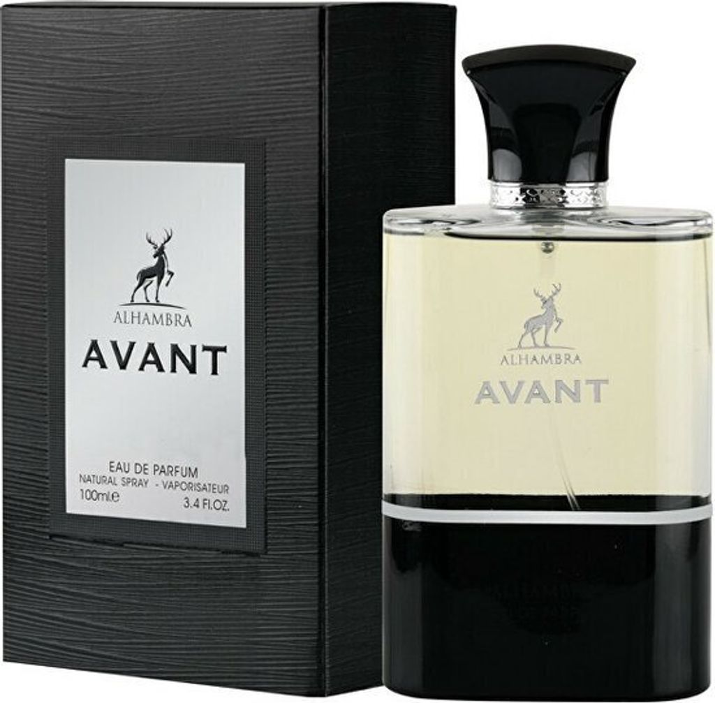 A perfume bottle and its packaging are displayed against a white background.