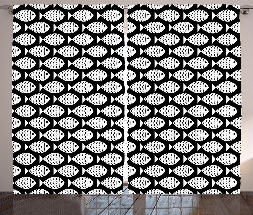 ABAKUHAUS Tier Rustikaler Gardine, Meerestiere Meer, Schlafzimmer Kräuselband Vorhang mit Schlaufen und Haken, 280 x 225 cm, Weiß Schwarz