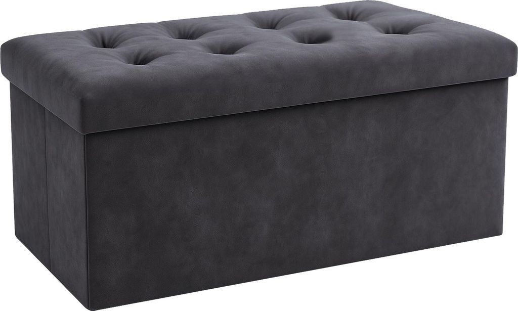 A gray storage ottoman is shown against a white background.