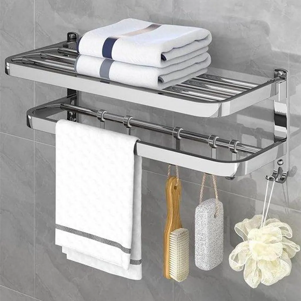 Étagère de salle de bains murale pliable et porte-serviette double 60cm