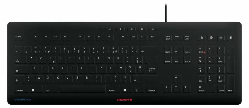 Clavier de bureau Cherry STREAM PROTECT AZERTY noir idéal pour poste partagé