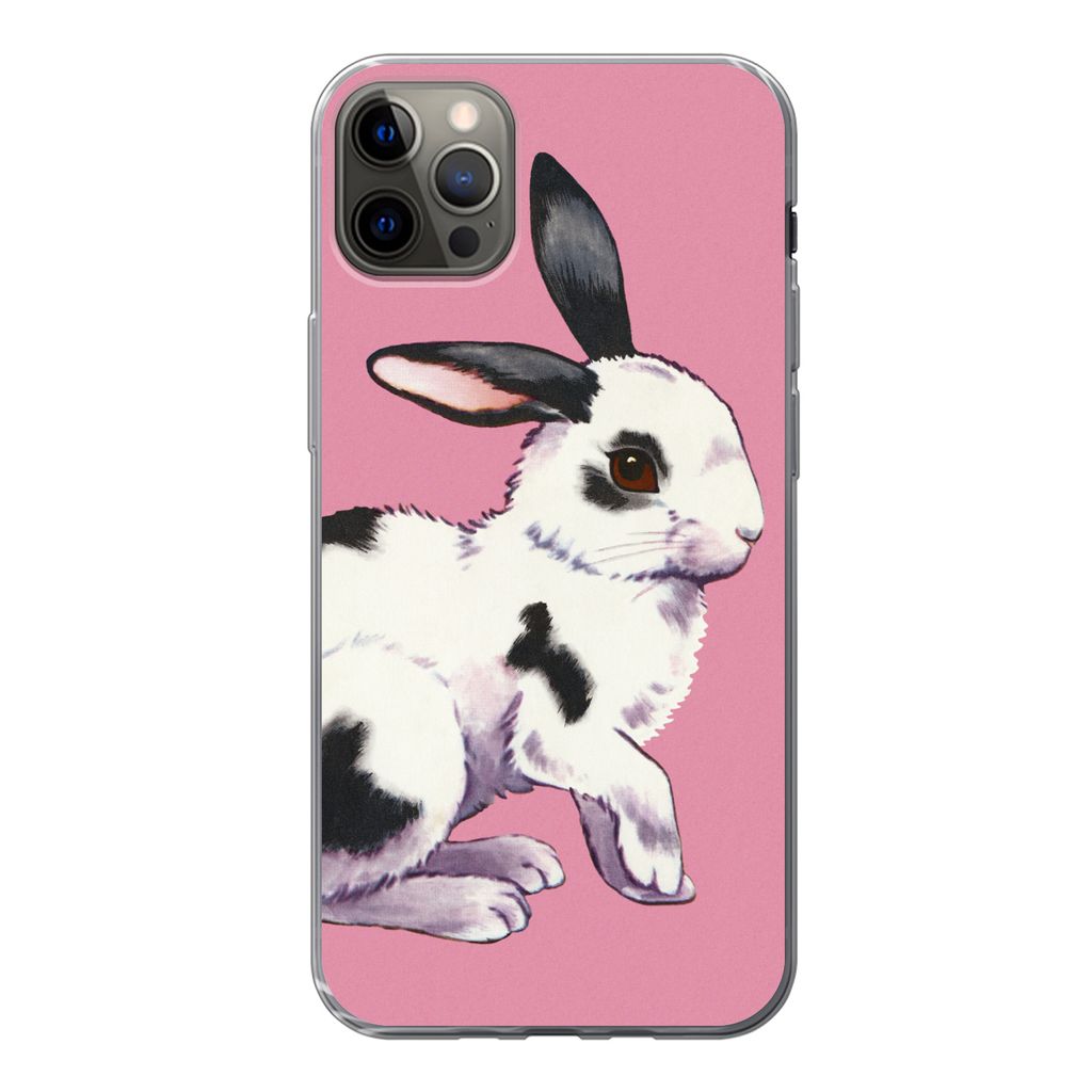 MuchoWow Handyhülle Schutzhülle Hülle für iPhone 13 Pro Max Kaninchen mit rosa Hintergrund Silikon Softcase Handy Hülle - Mobiltelefon