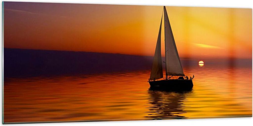 Bilder auf glas - Boot Sonnenuntergang Landschaft - 120x50cm - Glasbilder - Wandbilder - Kunstdruck - zum Aufhängen bereit - Wanddekoration aus Gl...
