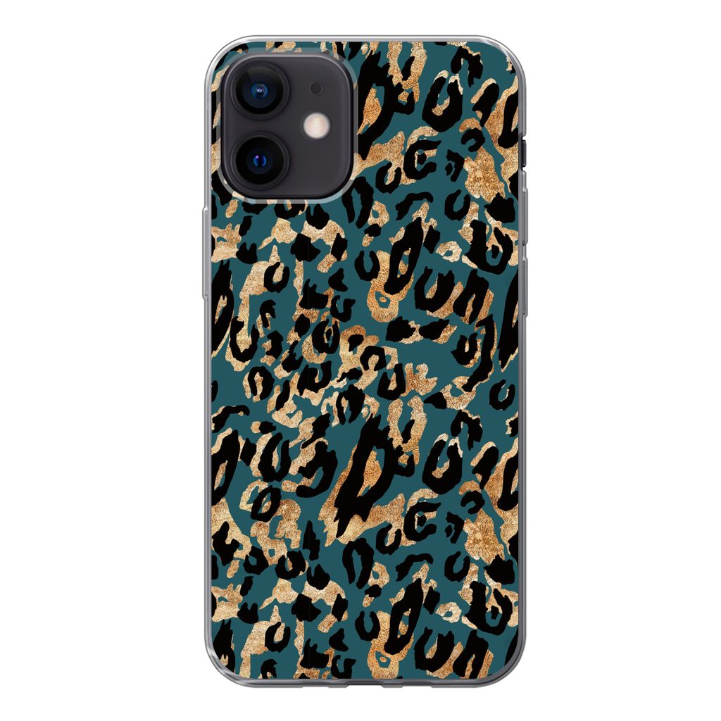 MuchoWow Handyhülle Schutzhülle Hülle für iPhone 12 Pantherdruck - Schwarz - Braun - Türkis Silikon Softcase Handy Hülle - Schutzhülle