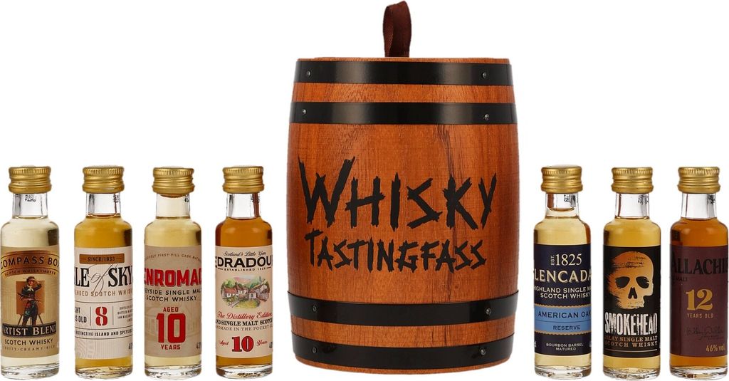 A collection of miniature whisky bottles arranged around a wooden barrel-shaped container.