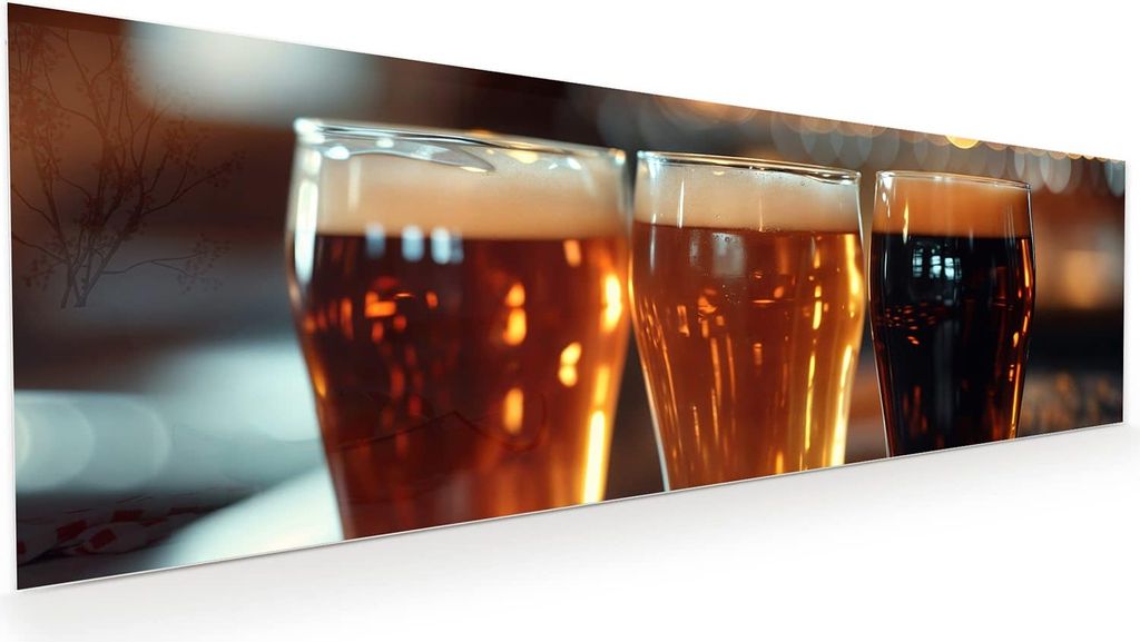 Glasbild 120x40cm in XXL für Wohnzimmer, Schlafzimmer Motiv Drei Biergläser Bar