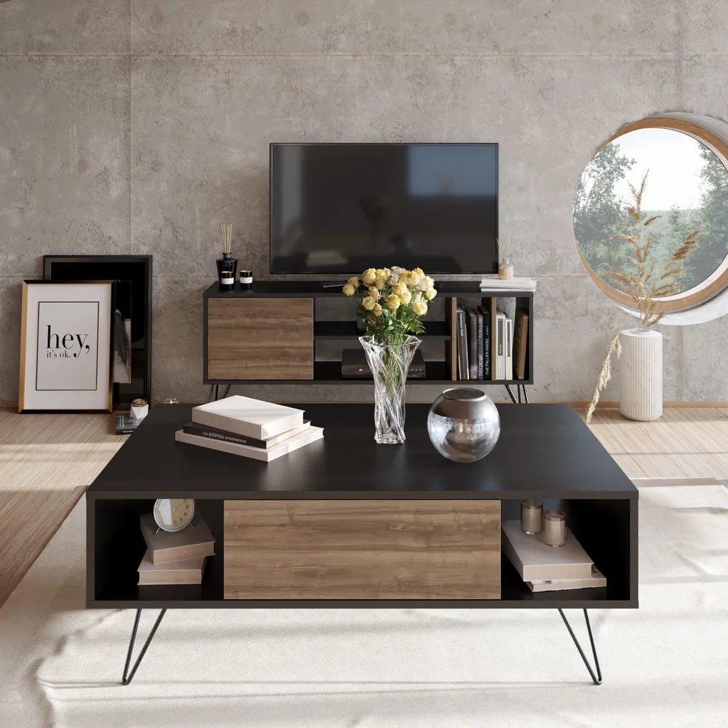 Table Basse de Salon Design Noir et Bois Noyer Mistico 120 cm de Large - 6