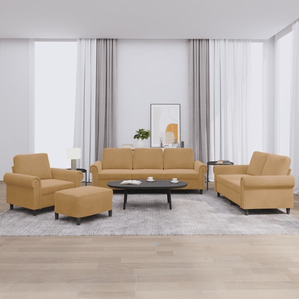 4-tlg. Sofagarnitur mit Kissen Braun Samt