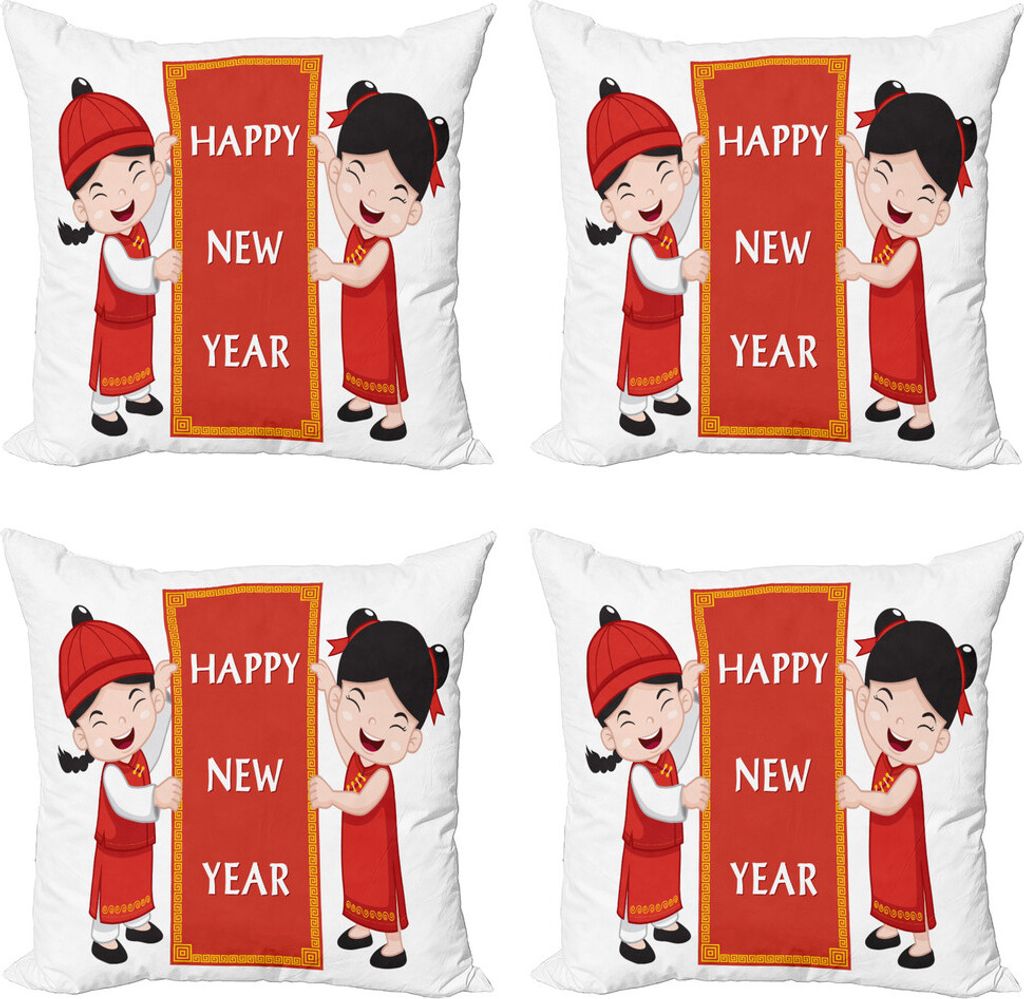 ABAKUHAUS Chinesisches Neujahr Kissenbezug Set (4 Stück), Glückliche Kinder, Moderner Doppelseitiger Digitaldruck, 45 cm x 45 cm, Mehrfarbig