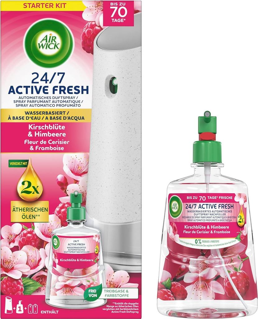 Air Wick Active Fresh Wasserbasiertes Automatisches Duftspray Starter Set Kirschblüte & Himbeere inklusive 2 x 228ml Nachfüller