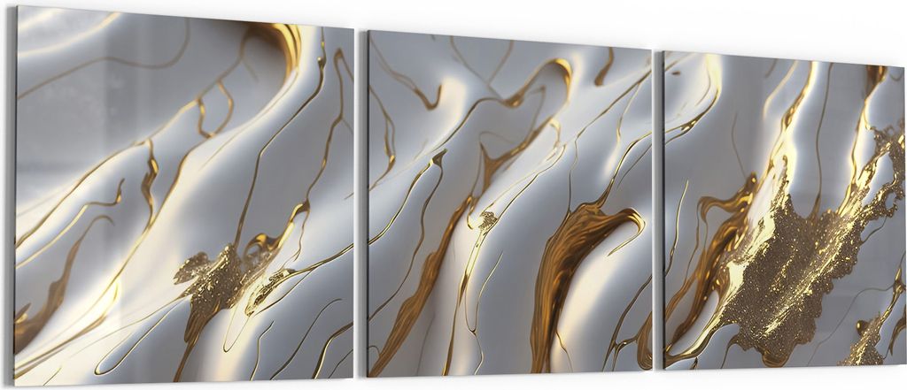 DEQORI Glasbild Echtglas 3x50x50 cm 'Goldene Wellen' Wandbilder XXL groß