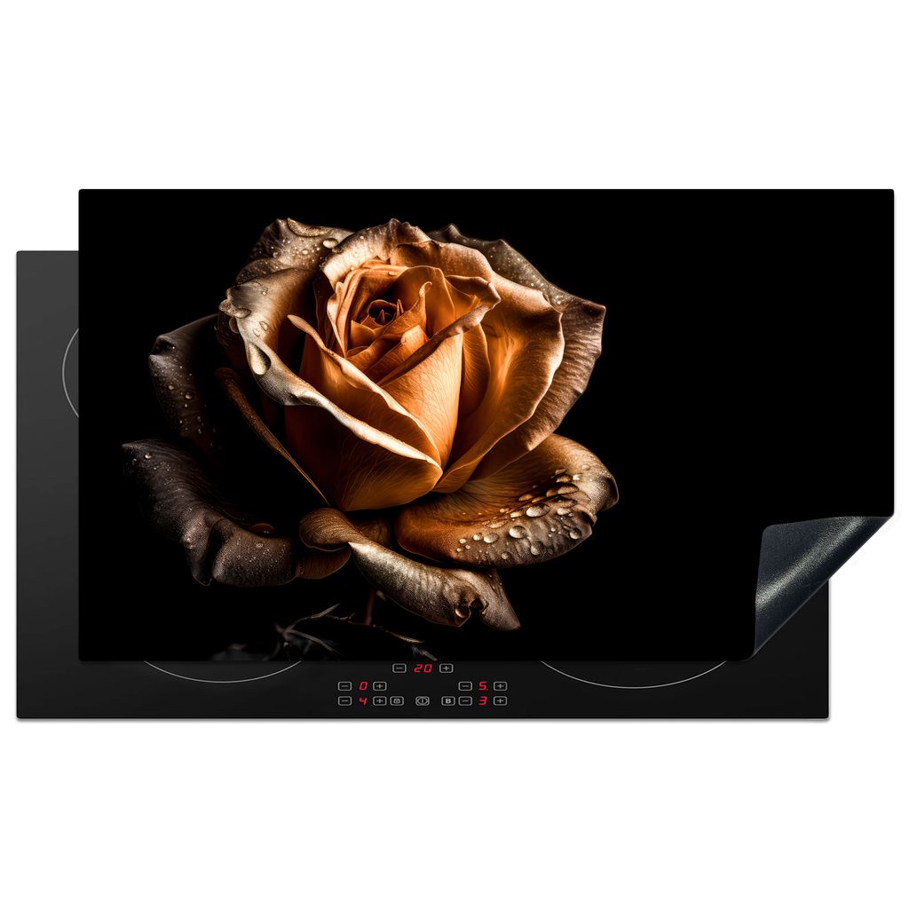 KitchenYeah Herdabdeckplatte Rose - Gold - Floral - Botanisch Schwarz , 91x52cm, Küche Deko, Glaskeramikkochfeld Herdabdeckung, Abdeckplatte fù...