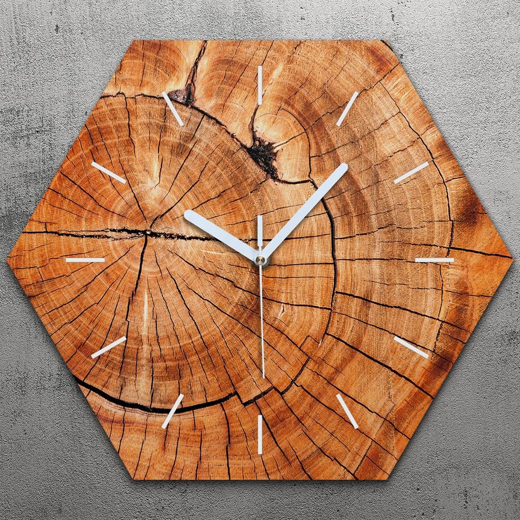 Uhr hexagonal 40 cm Glas Geräuschlos weiße Zeiger - Holz Stamm