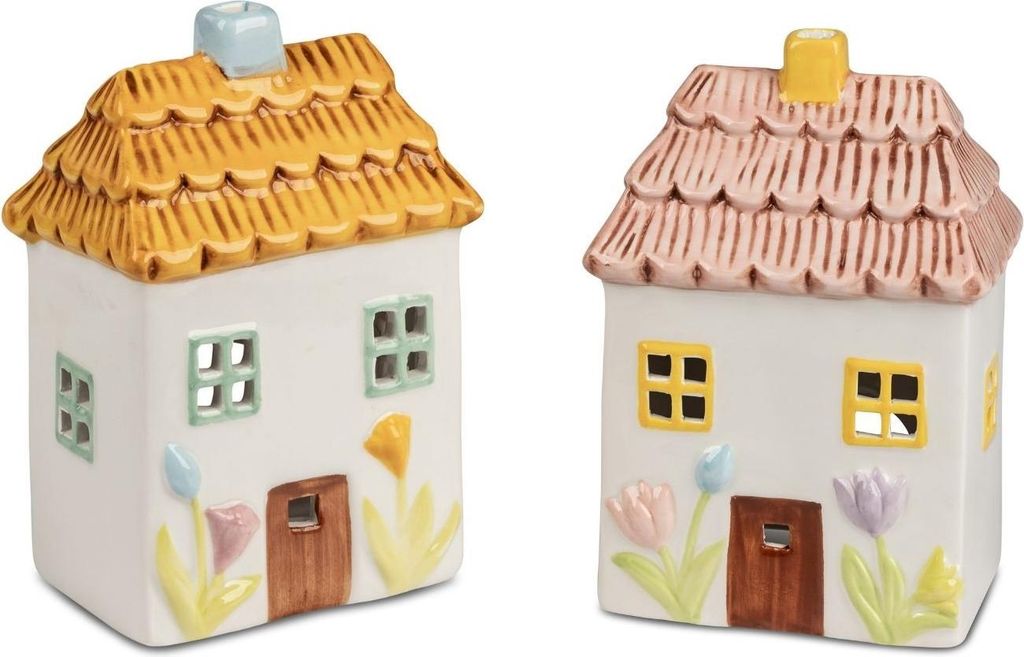 2er Set Windlichter Häuser mit Blumendekor H. 15cm weiß bunt Formano F26