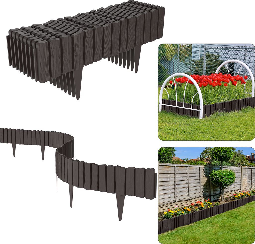 UISEBRT 16 Stk. Braun Holzbeetumrandung Blumenbeet-Einfassung Gartenbordüre Beetumrandung Rasenkante Gartenpalisade in Holzoptik aus PP - 9,2 Meter