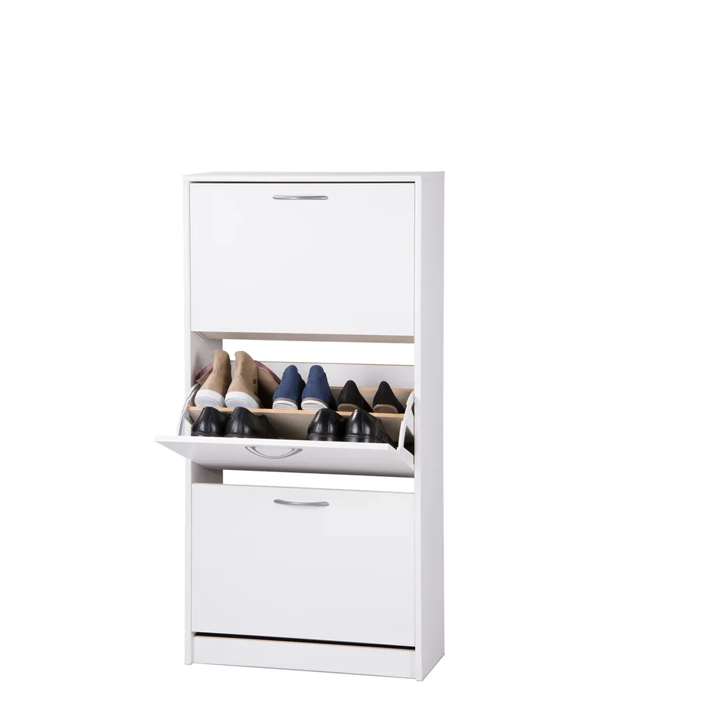 Meuble à chaussures slim LINZ en bois blanc à 3 niches de rangement