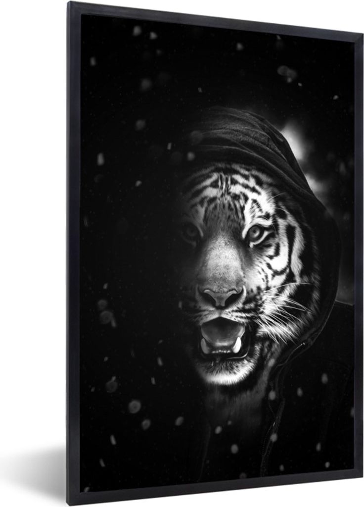 MuchoWow Gerahmtes Poster Tiger mit Kapuze im Schatten - schwarz und weiß 40x60 cm - Poster mit Schwarzem Bilderrahmen Wandposter Rahmen Foto Bi...
