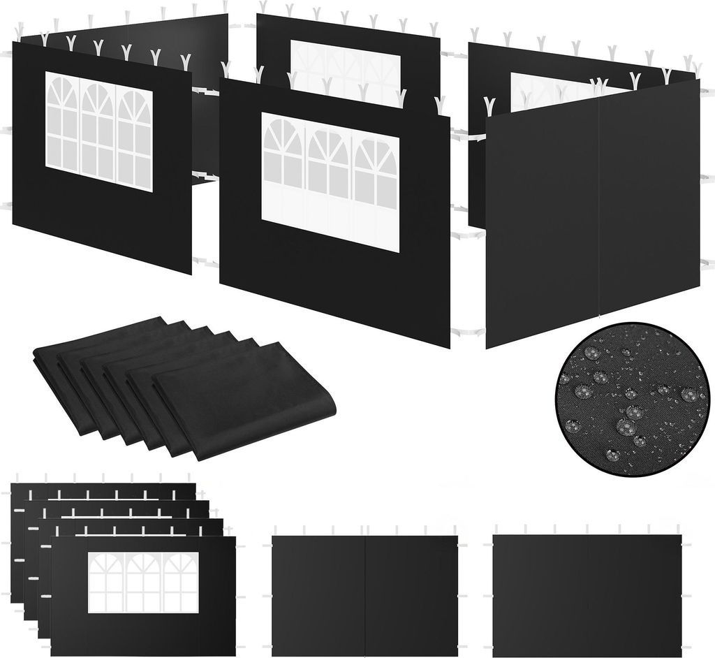 Zelsius Seitenwände für Pavillon 3x6 m, 6-teilig, Schwarz, Gartenzelt Seitenwand mit Fenster, UV30
