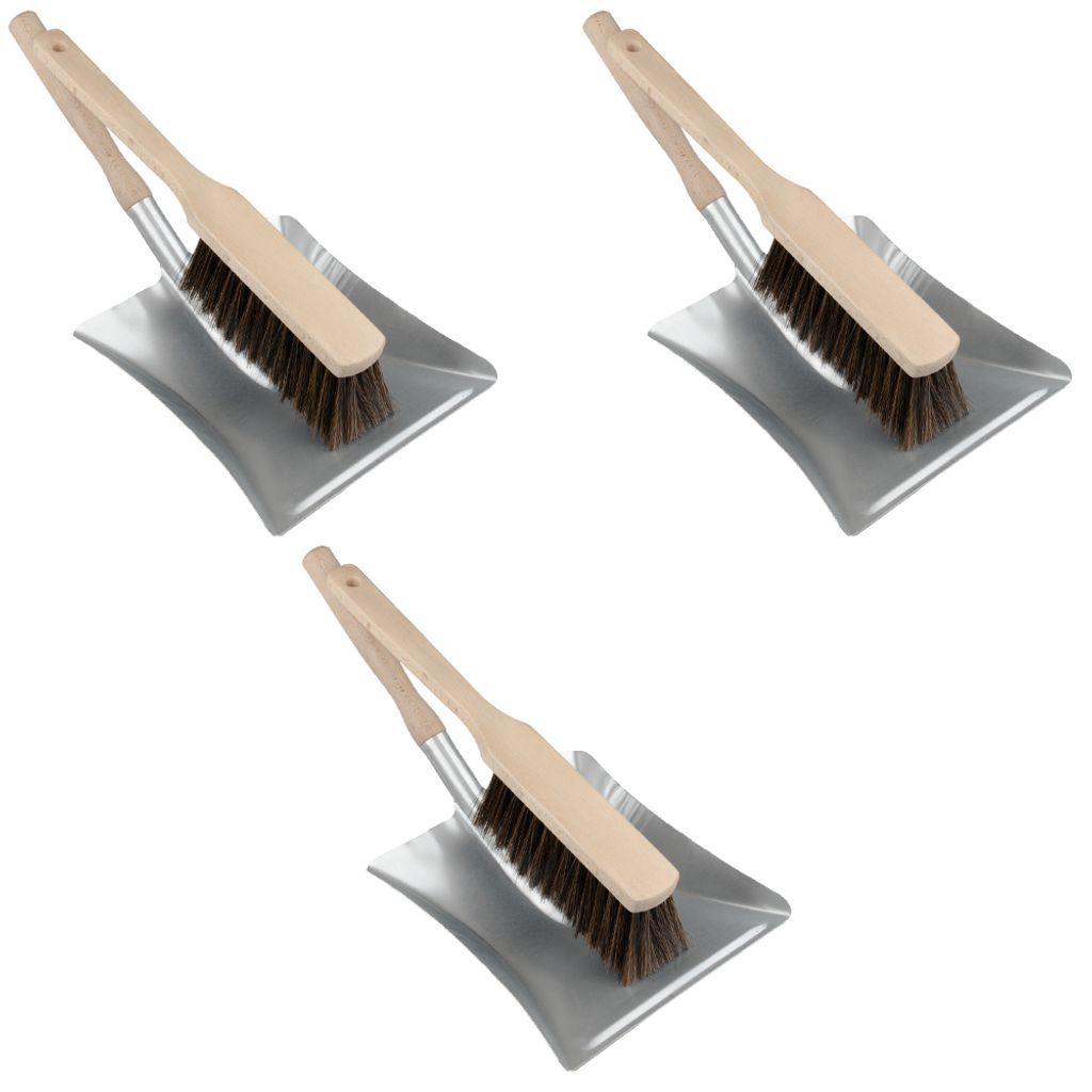 3er Set Kehrgarnitur Metall Kehrschaufel mit Holzgriff Kehrblech Kehrset