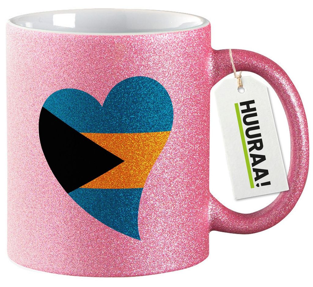 Huuraa Glitzertasse Die Bahamas Flagge Herz 330ml Pink Keramik Kaffeebecher Geschenkidee