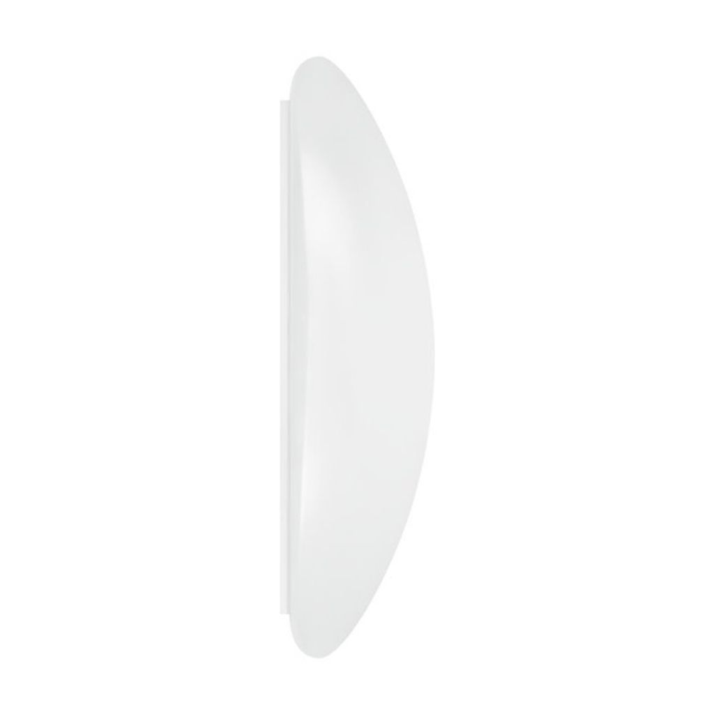 A side view of a white, circular, plastic cover for a light fixture.