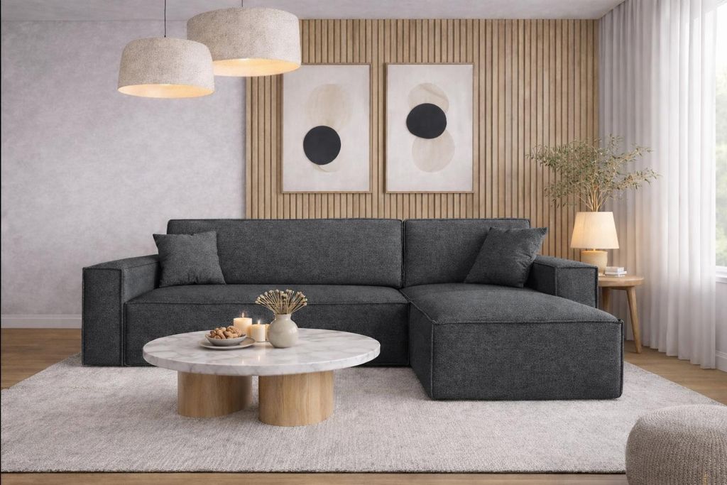 Kaiser Möbel Ecksofa mit schlaffunktion und bettkasten, Ecksofa L-Form, Eckcouch L-Form BEST stoff NEVE Rechts Dunkelgrau