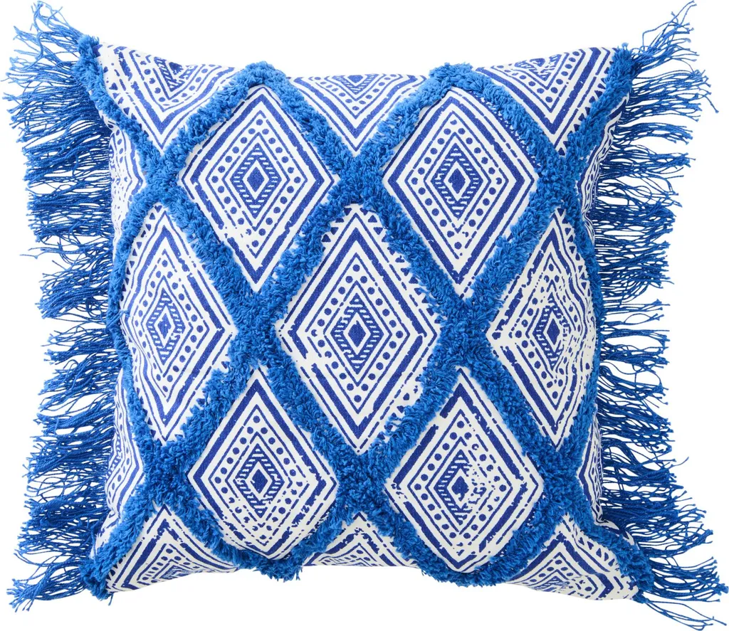 Coussin de Salon Oriental J-Line Bleu et Blanc en Coton pour Déco Ethnique