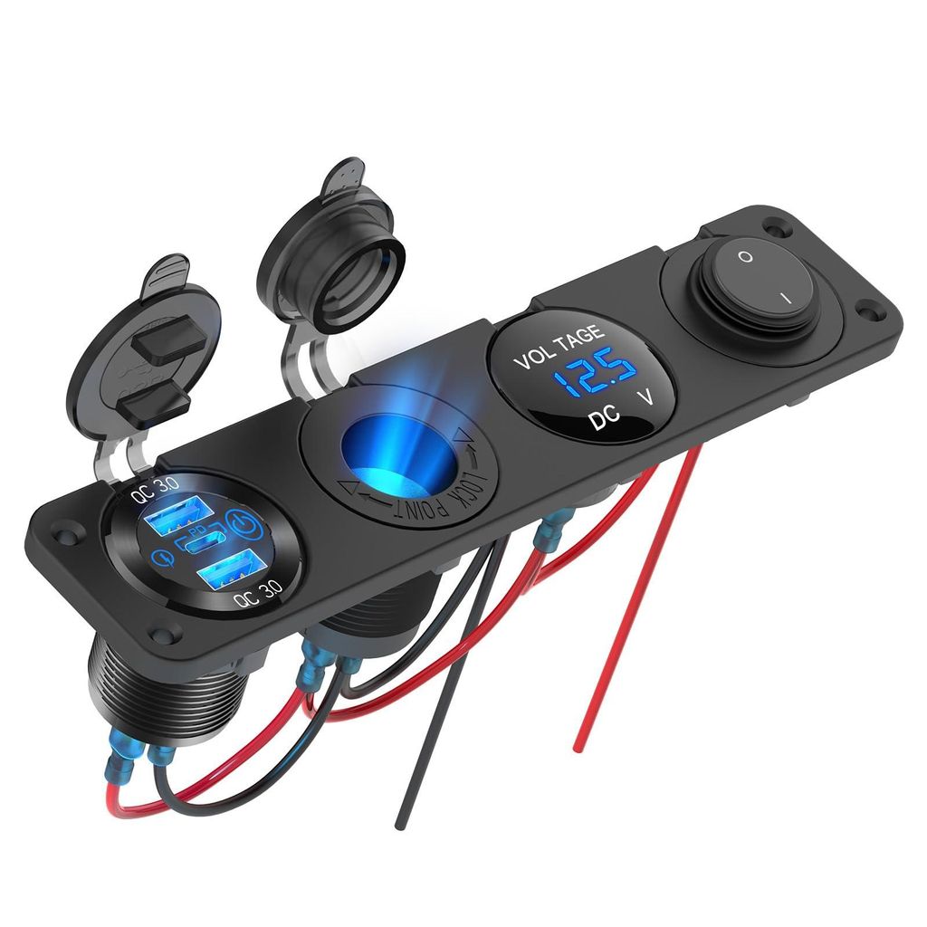 USB C Steckdose 12V QC3.0 PD Auto Ladegerät Zigarettenanzünder LED Voltmeter und Schalter Panel für 12V-24V KFZ Boot Wohnmobil