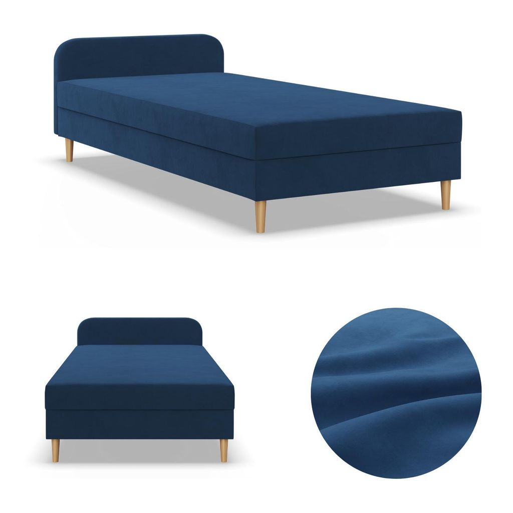 Einzelbett 80x200, Kontinentales Bett mit Kopfteil, Bett mit Matratze, Jugendbett, Kinderbett, Veloursbett, Samtstoff, Blau, Dunkelblau CASPE 80 x 200