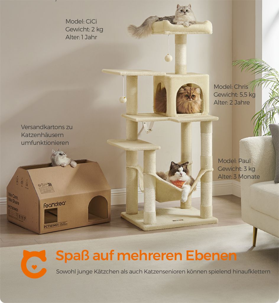 FEANDREA Kratzbaum, 143 cm, Katzenbaum mit Hängematte, beige PCT161M01