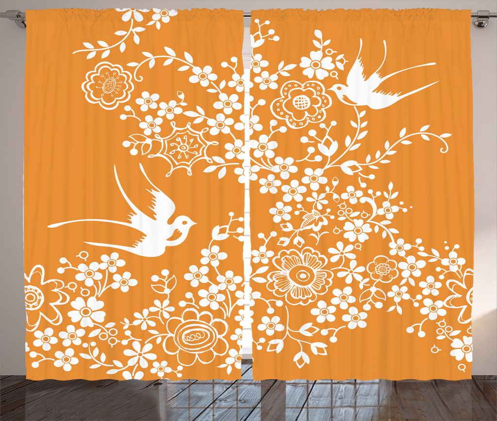ABAKUHAUS Orange Rustikaler Vorhang, Japanische Baum-Vogel-Kunst, Wohnzimmer Universalband Gardinen mit Schlaufen und Haken, 280 x 175 cm, Marigold...