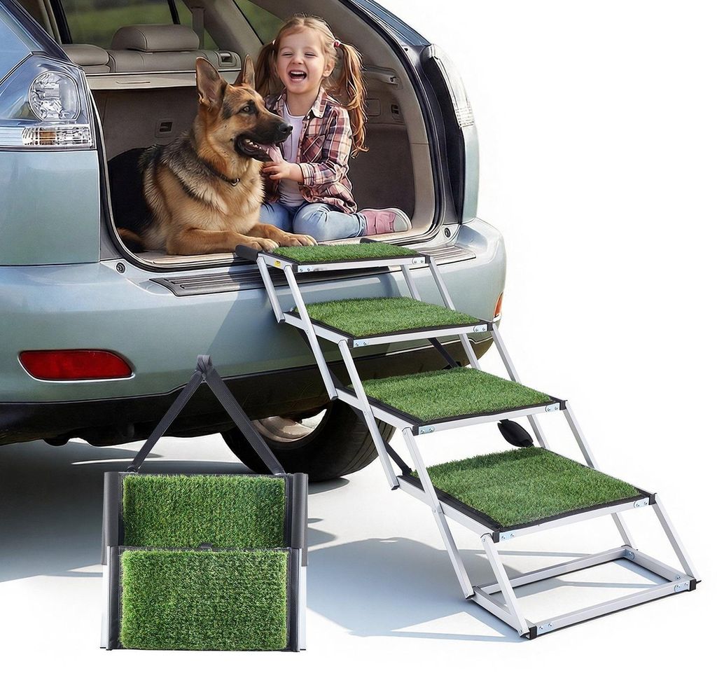 Hunderampe Auto - Hundetreppe Klappbar 4 Stufen - Extra breit - Rutschfeste Oberfläche - Tragkraft bis 90 kg - Einstiegshilfe - Für SUV/Kofferrau...