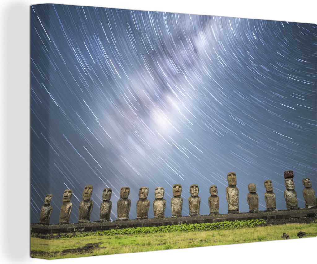 OneMillionCanvasses - Leinwandbilder - 140x90 cm, Reihe von Moai-Statuen stehen unter allen Lichtstrahlen auf der Osterinsel, Wandbilder Kunstdru...
