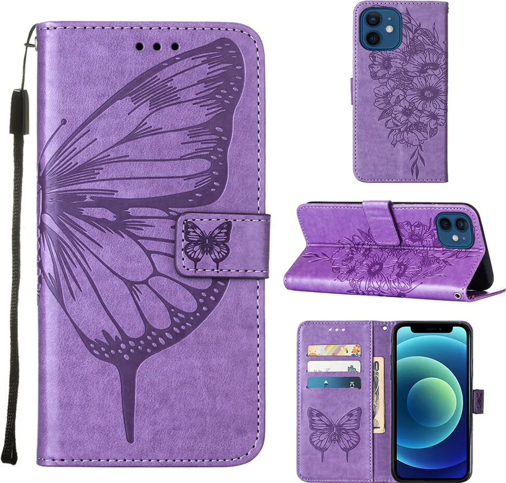 Custodia iPhone 12 Pelle Viola | Cover Flip Farfalla con Portacarte