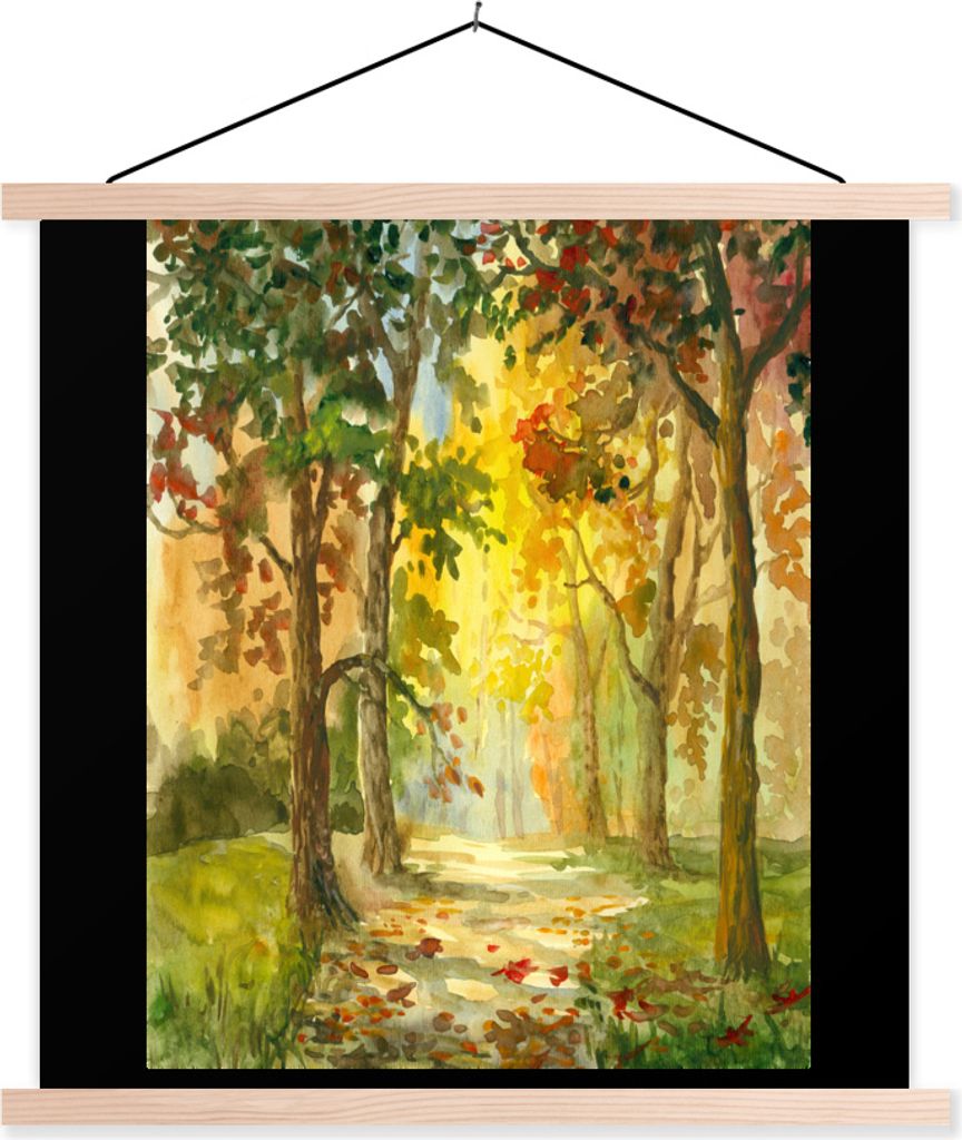 MuchoWow Textilposter Eine Illustration eines Weges zwischen den Bäumen 40x30 cm mit holzfarbenen Rahmen - Bilder