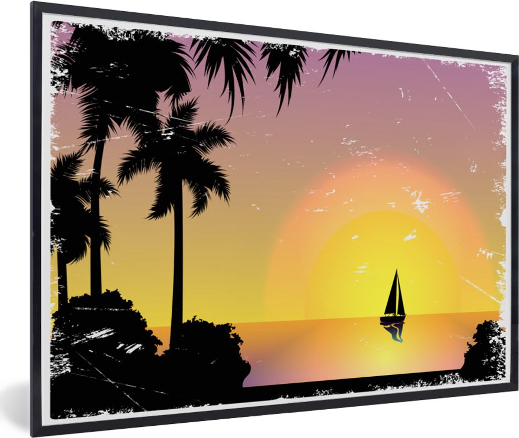 MuchoWow MuchoWow Gerahmtes Poster Segelboot - Palme - Sonne 60x40 cm - Poster mit zchwarzem Bilderrahmen - Printing - Wanddeko Schlafzimmer